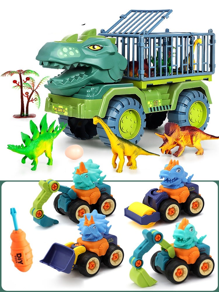Pedagogisk dinosaur lastebil i sterke farger for barn, fremmer kreativitet og læring gjennom lek.
