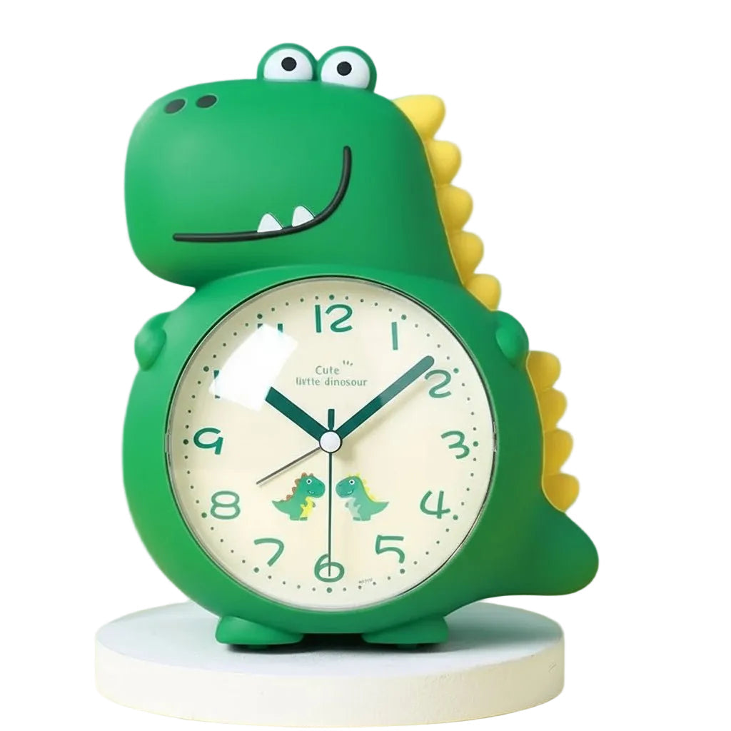 Dinosaur vekkerklokke med vekkelys for barn, dobbel alarm, grønn farge, skånsom vekking.