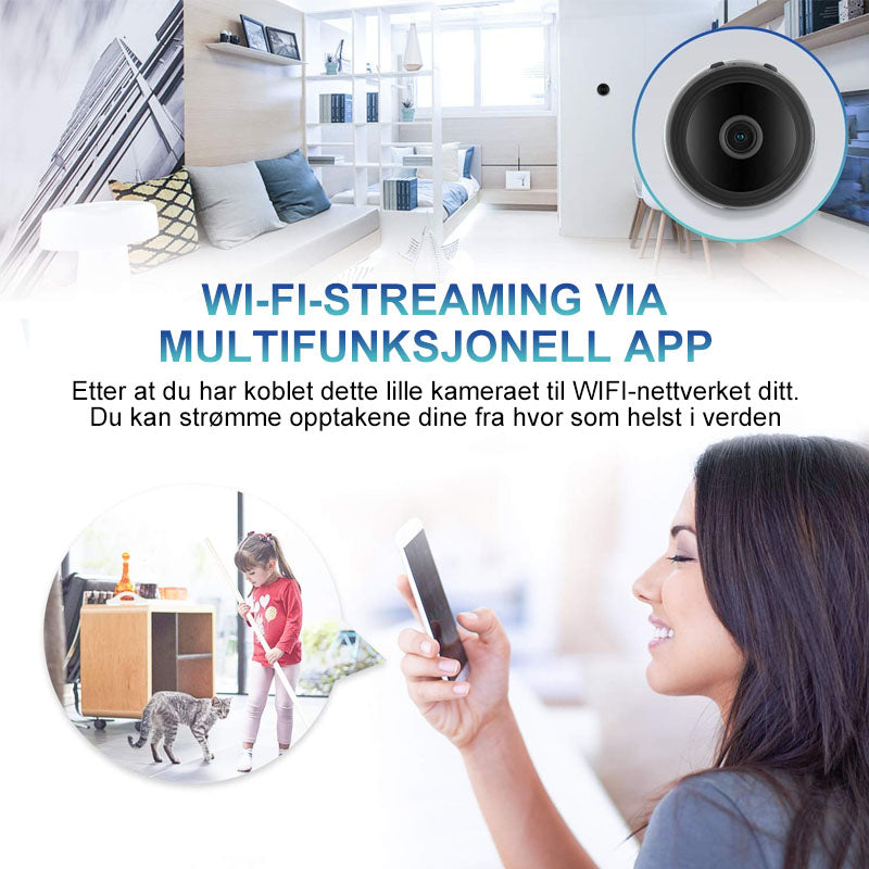 "Diskret 1080p WiFi mini kamera med magnetisk base og bred synsvinkel, enkelt å plassere på metalloverflater."
