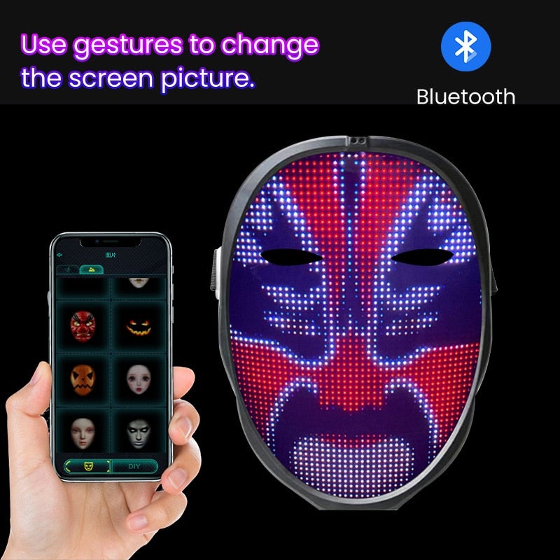 Pakning av DIY LED-maske med Bluetooth-kontroll, inkluderer lader og bruksanvisning, klart for Halloween.
