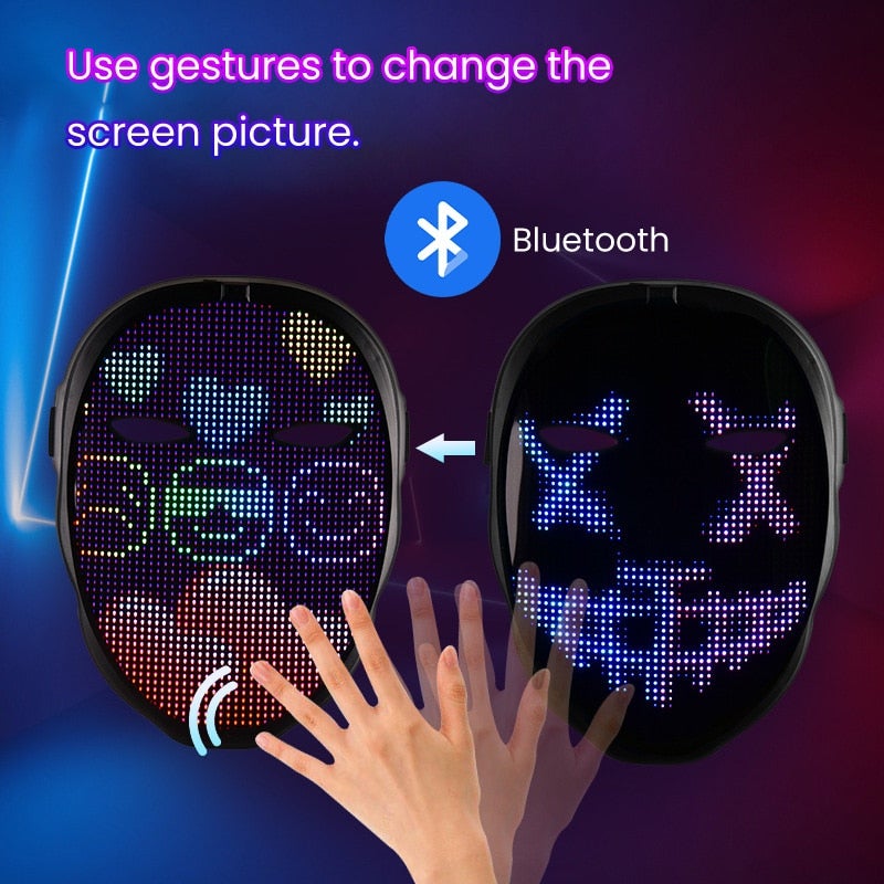 Portrett av en person iført futuristisk Halloween LED-maske med Bluetooth, et unikt kostyme-tilbehør.