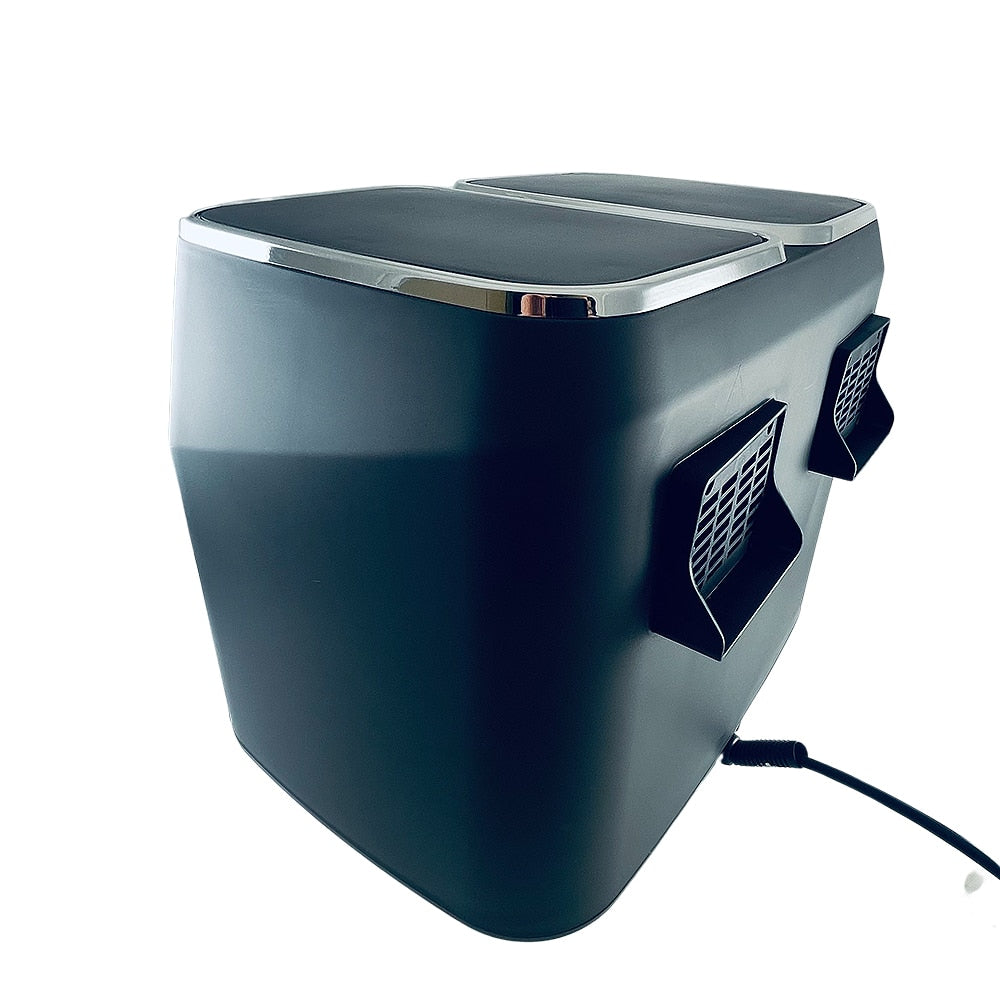 "Dobbel Air Fryer med to 4L skuffer, svart design, ideell for sunn matlaging og store porsjoner."