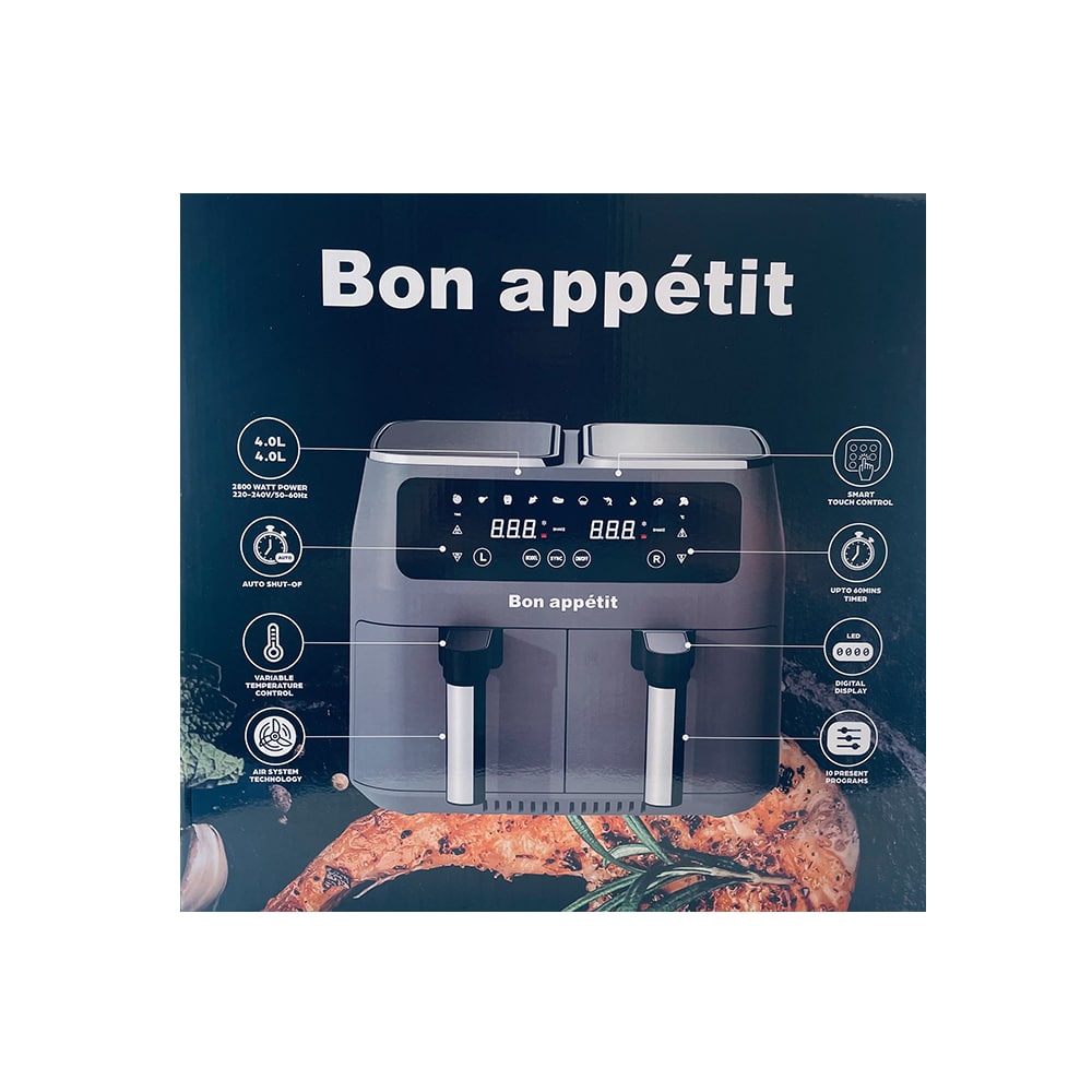"Dobbel Air Fryer med to 4L skuffer, svart design, ideell for sunn matlaging og store porsjoner."