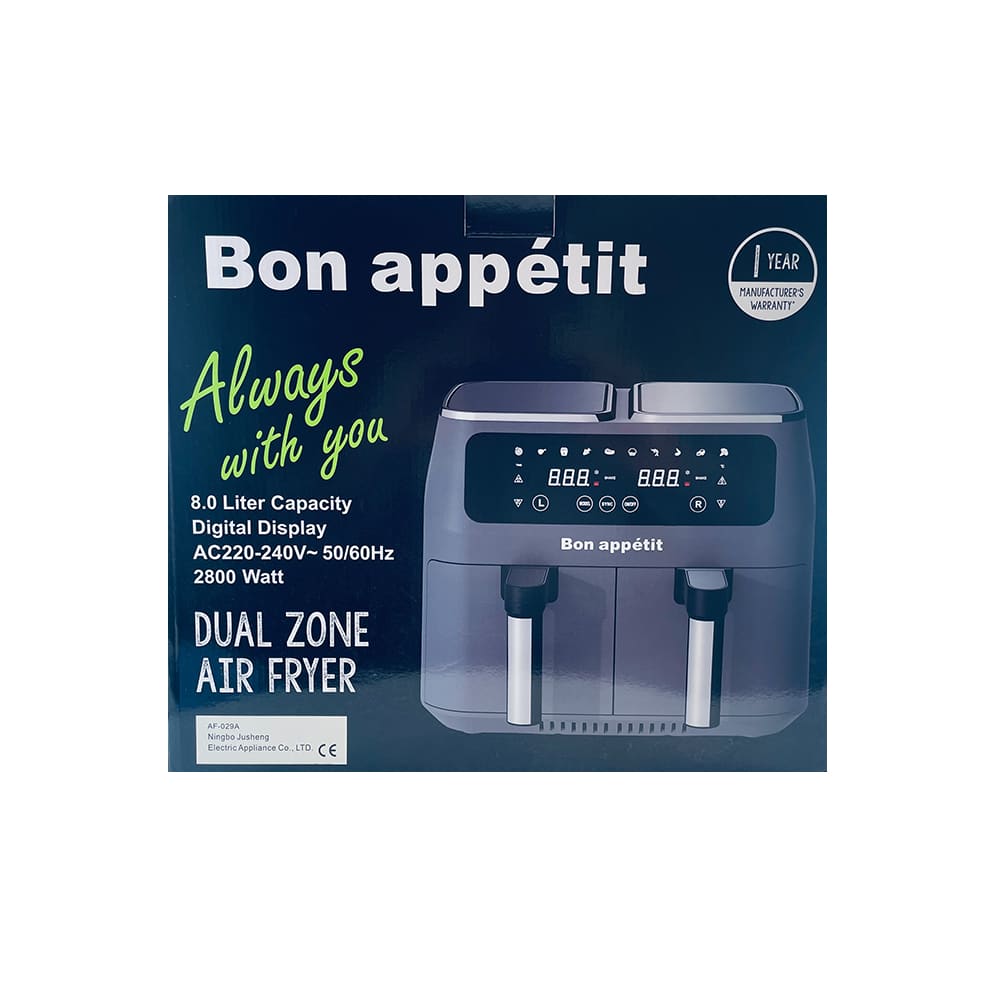 "Dobbel Air Fryer med to 4L skuffer, svart design, ideell for sunn matlaging og store porsjoner."