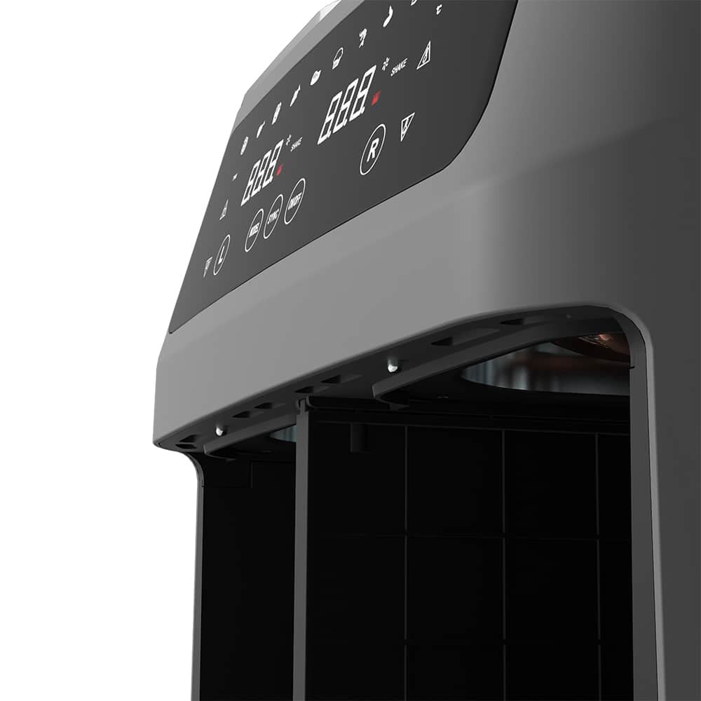 "Dobbel Air Fryer med to 4L skuffer, svart design, ideell for sunn matlaging og store porsjoner."