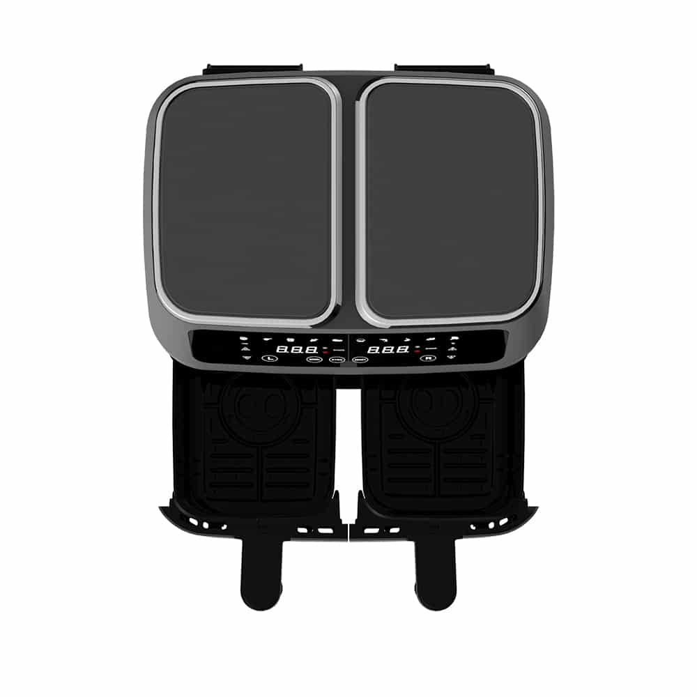 "Dobbel Air Fryer med to 4L skuffer, svart design, ideell for sunn matlaging og store porsjoner."