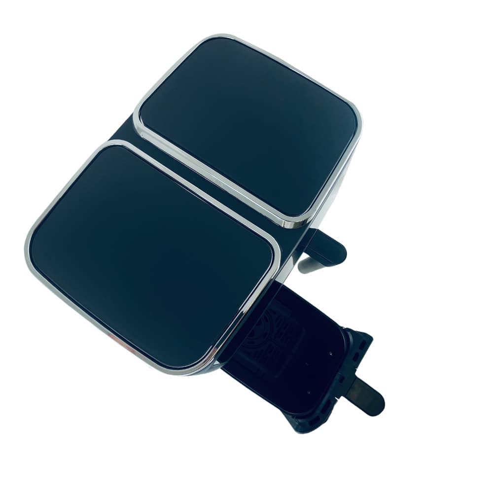 "Dobbel Air Fryer med to 4L skuffer, svart design, ideell for sunn matlaging og store porsjoner."