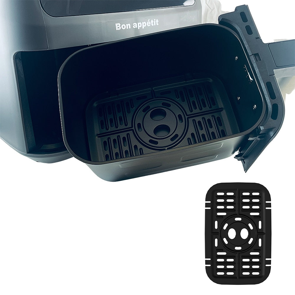 "Dobbel Air Fryer med to 4L skuffer, svart design, ideell for sunn matlaging og store porsjoner."