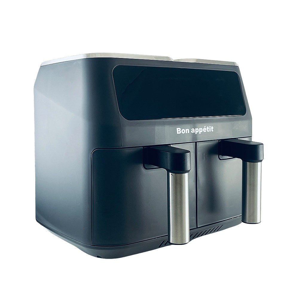 "Dobbel Air Fryer med to 4L skuffer, svart design, ideell for sunn matlaging og store porsjoner."