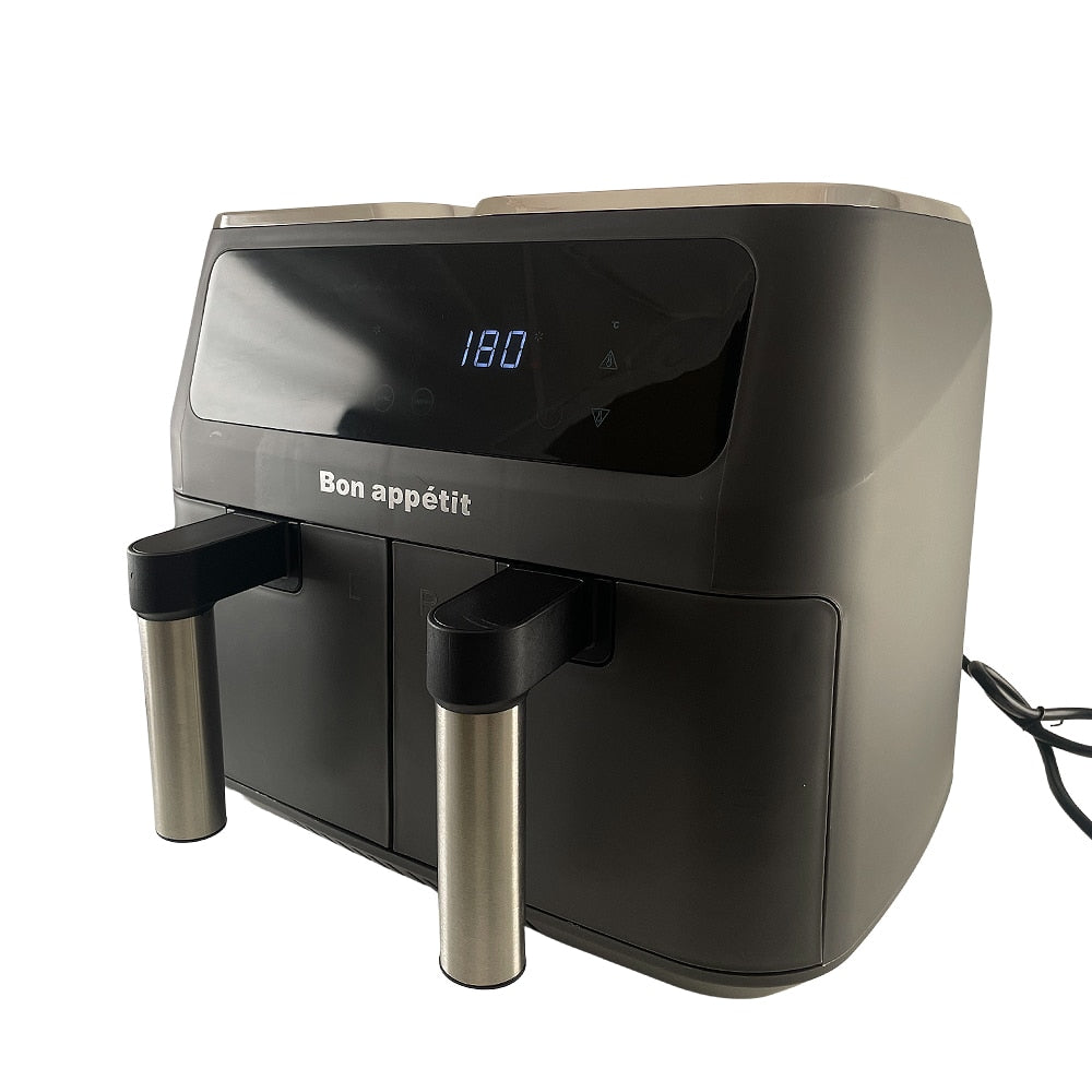 "Dobbel Air Fryer med to 4L skuffer, svart design, ideell for sunn matlaging og store porsjoner."