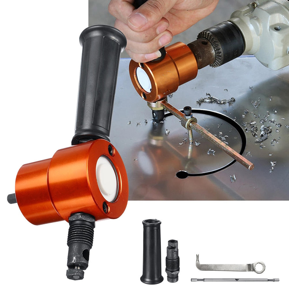 Metallskjæringsverktøy med dobbelt hode og borfeste, ideelt for snekring og verkstedbruk.