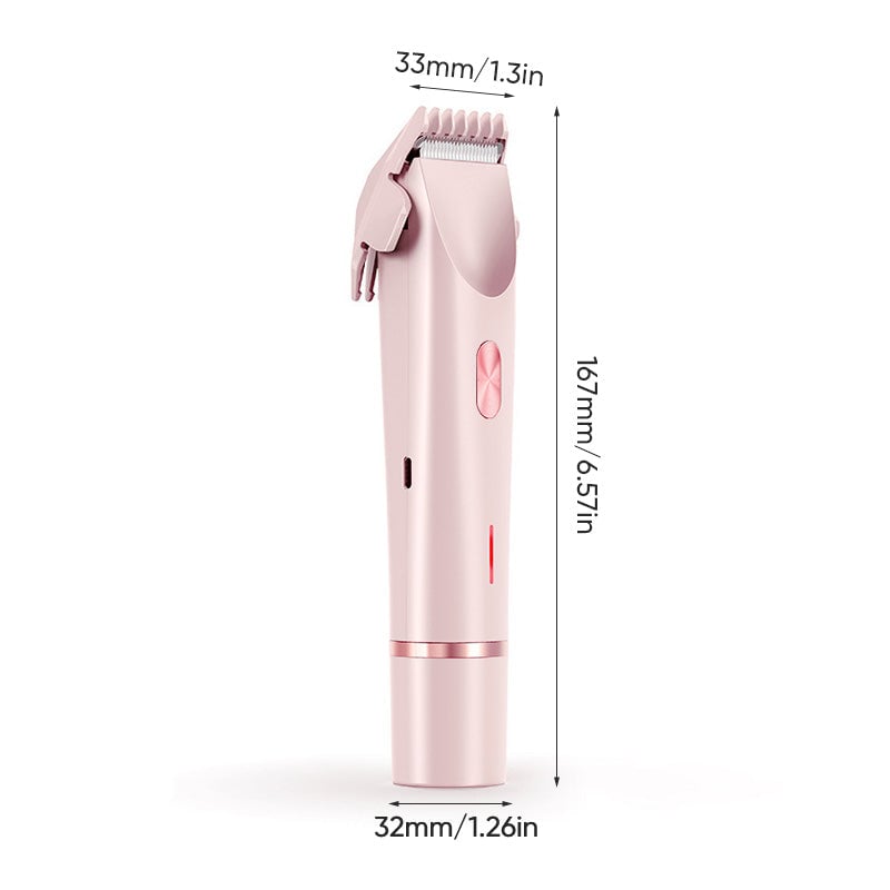 Dobbelthodet elektrisk hårtrimmer for kvinner, rosa, med skånsom presisjonsdesign for både korte og lange hår.
