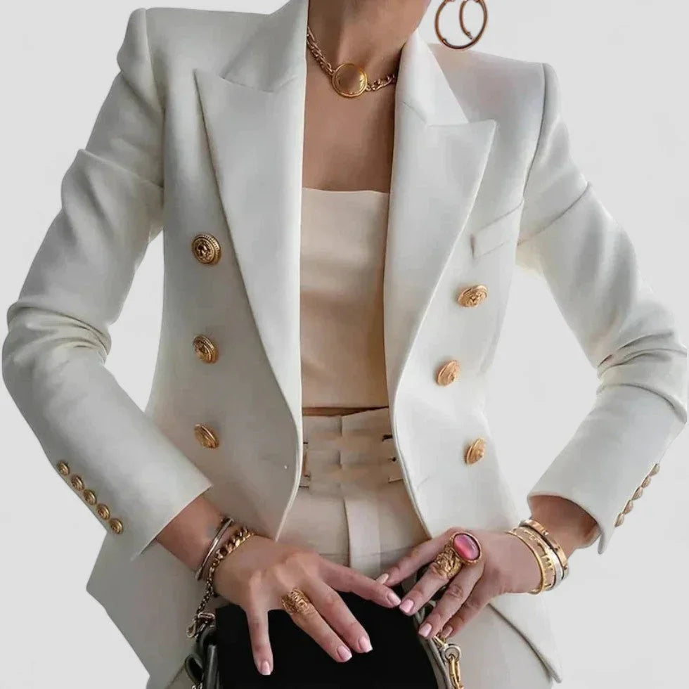 Kvinner dobbeltspent blazer; skreddersydd jakke med skinnende gullknapper for elegant businessantrekk.