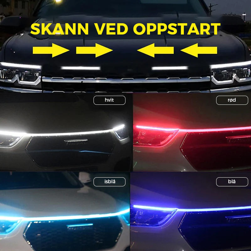 "Dynamiske LED kjørelys med hvit lysstrøm, enkel installasjon og stilig utseende for alle biltyper."