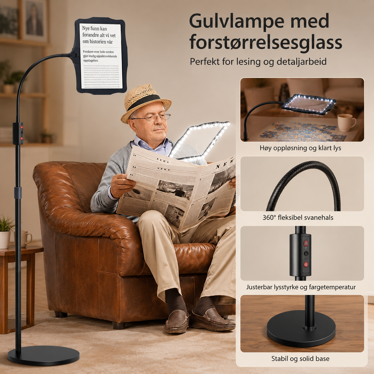 Gulvlampe med Forstørrelsesglass – Perfekt for Detaljarbeid