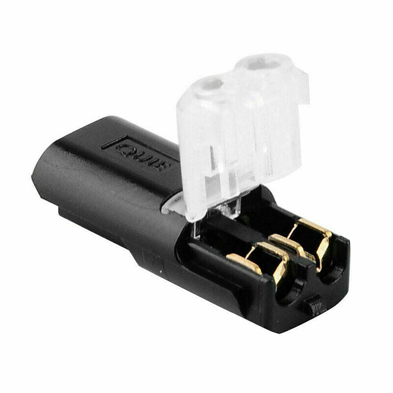 "Effektiv dobbel-leder plug-in-kontakt med låsespenne i beige og blått for sikre elektriske prosjekter, verktøy og DIY."