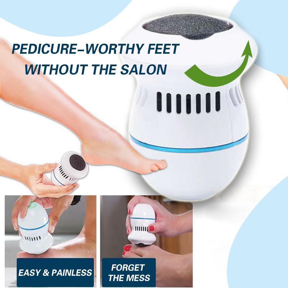 "Effektiv elektrisk fotfil for myke føtter, fjerner harde calluses og samler opp døde hudpartikler med Derma-Vac teknologi."