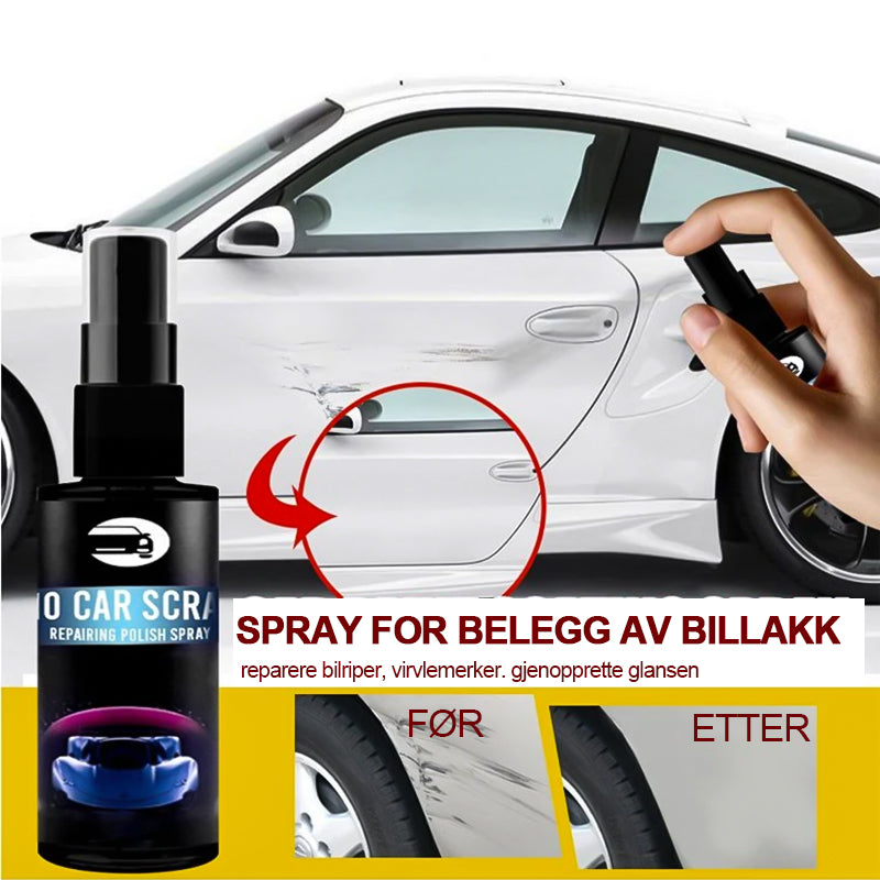 "Effektiv reparasjonsspray for biler som fjerner riper og merker, tilgjengelig i 100ml og 30ml flasker med høyglansfinish."