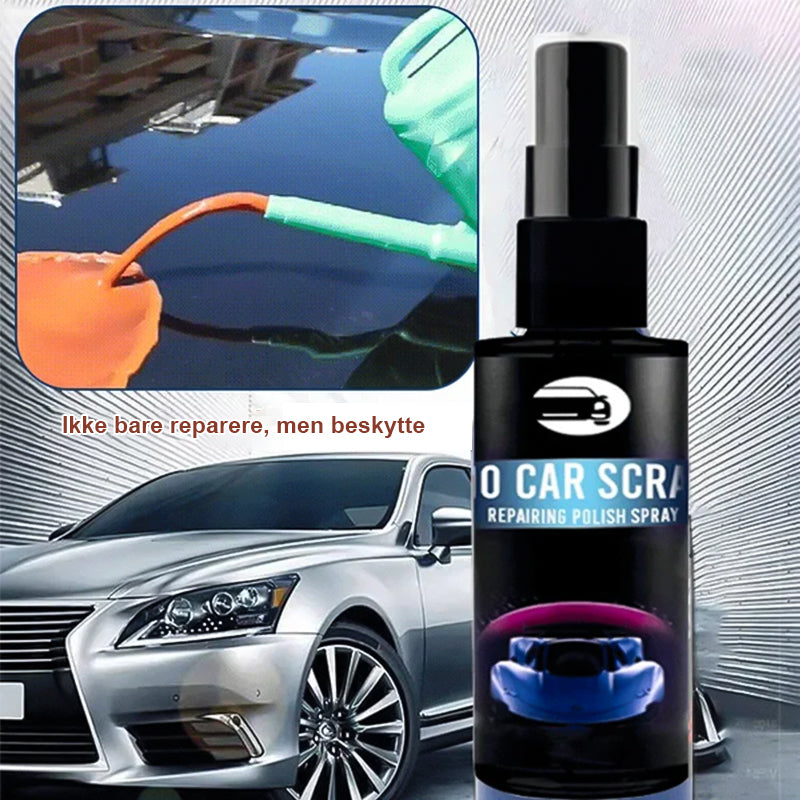 "Effektiv reparasjonsspray for biler som fjerner riper og merker, tilgjengelig i 100ml og 30ml flasker med høyglansfinish."