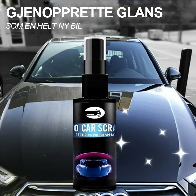 "Effektiv reparasjonsspray for biler som fjerner riper og merker, tilgjengelig i 100ml og 30ml flasker med høyglansfinish."