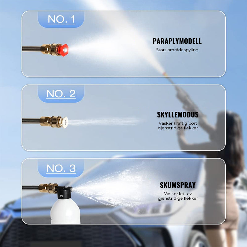 "Effektiv trådløs høytrykkssprøytepistol, bærbar og lett design med kraftig motor, perfekt for hjem og hage."