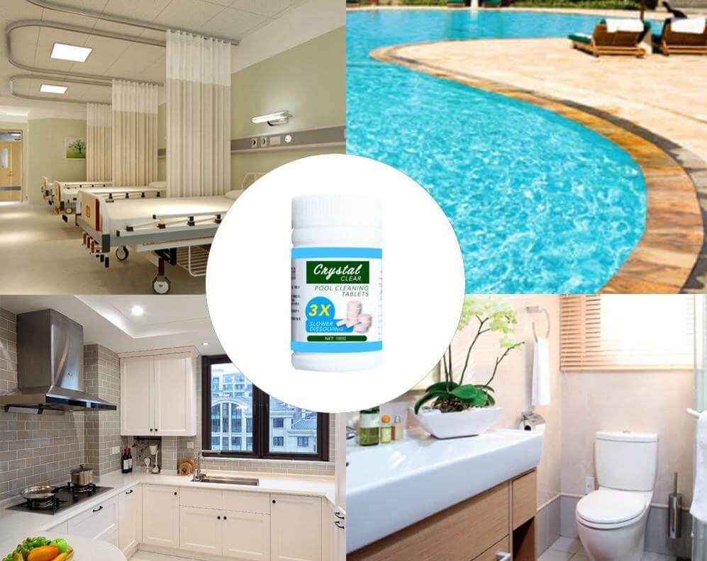 Pakke med effektive rengjøringstabletter til svømmebasseng. Nøkkelen til krystallklart vann og rent spa.