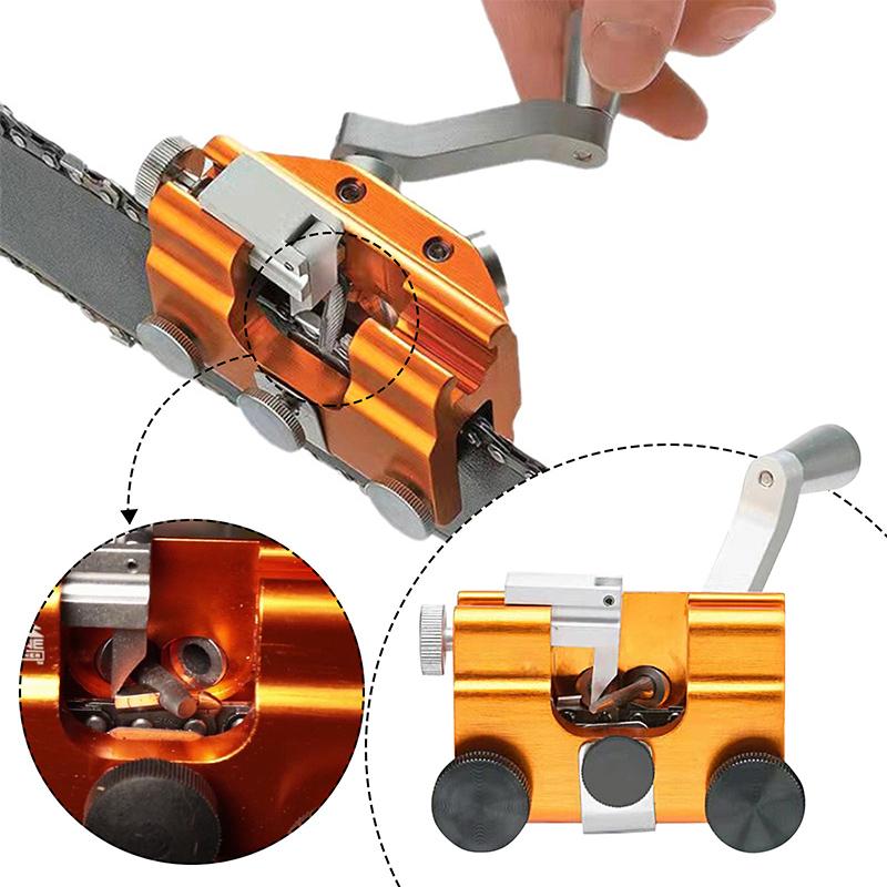 "Effektivt motorsagkjede slipeverktøy i robust anodisert aluminium for presis sliping, kompatibel med alle motorsager."