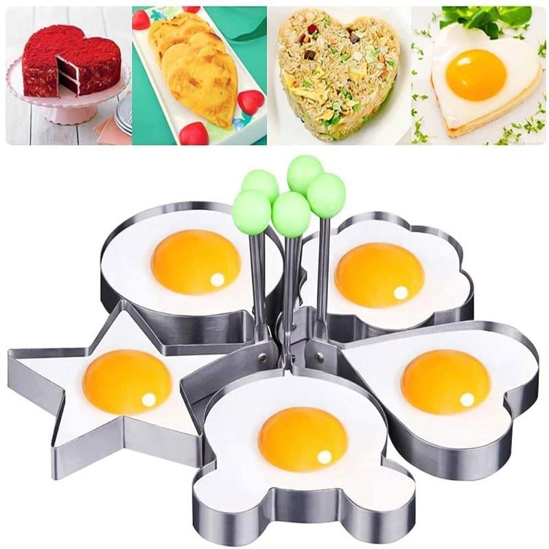 "Eggformer i rustfritt stål, non-stick, forskjellige mønstre som blomst, hjerte, rund, mus og stjerne på lys bakgrunn."