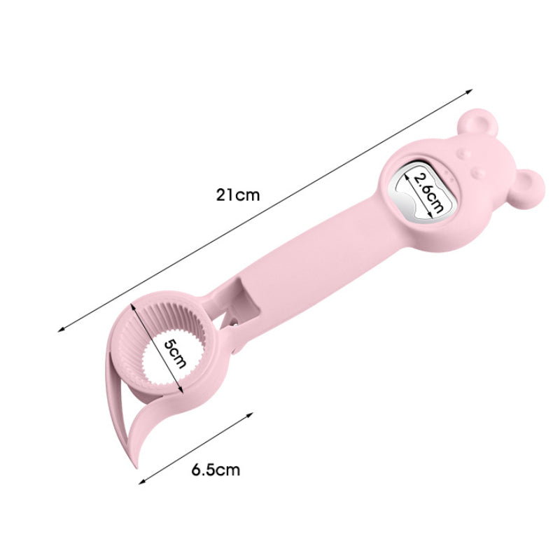 "Elegant 4-i-1 flaskeåpner i rustfritt stål og plast, hvit, blå, rosa, lilla, med sklisikkert grep og unikt design."