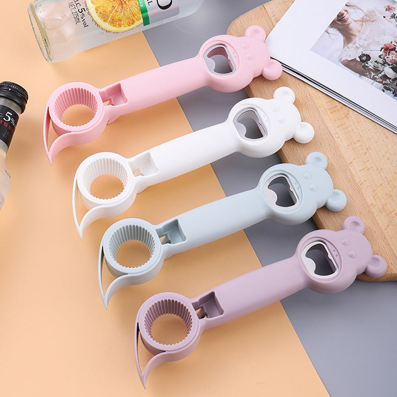 "Elegant 4-i-1 flaskeåpner i rustfritt stål og plast, hvit, blå, rosa, lilla, med sklisikkert grep og unikt design."