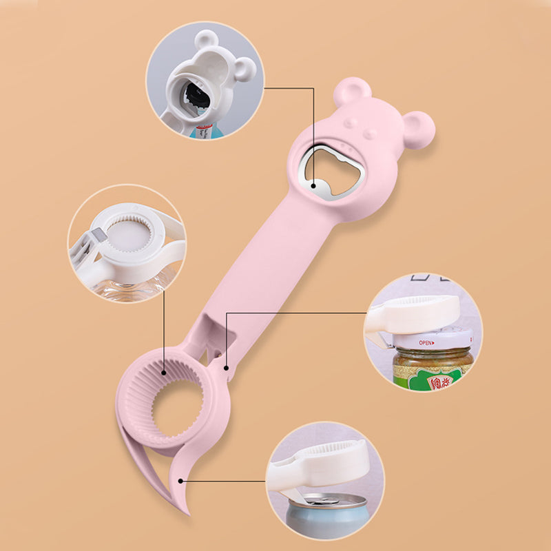"Elegant 4-i-1 flaskeåpner i rustfritt stål og plast, hvit, blå, rosa, lilla, med sklisikkert grep og unikt design."