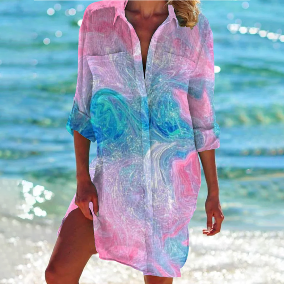 Komfortabel A-linje sommerskjorte. Elegant og fargerik damekjole for strandantrekk og feriemote.