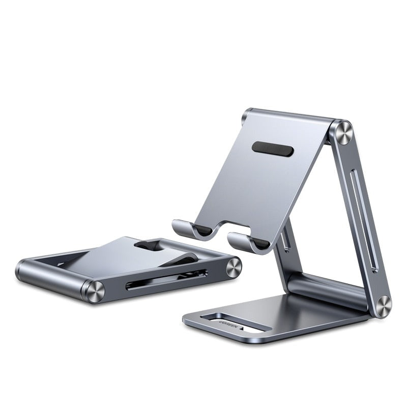 Elegant aluminium telefonholder for skrivebord, justerbart stativ for smarttelefon og nettbrett.