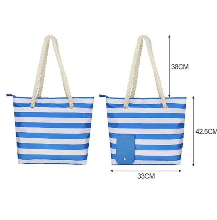 Strandveske i kanvas med moderne design og praktisk drikkedispenser, et must-have for aktive kvinner på reise.