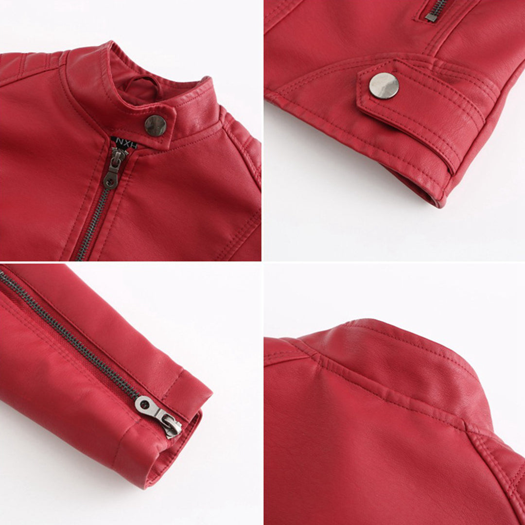 Elegant biker skinnjakke for kvinner i mykt skinn, detaljert med symmetrisk glidelås. Flere farger tilgjengelig.