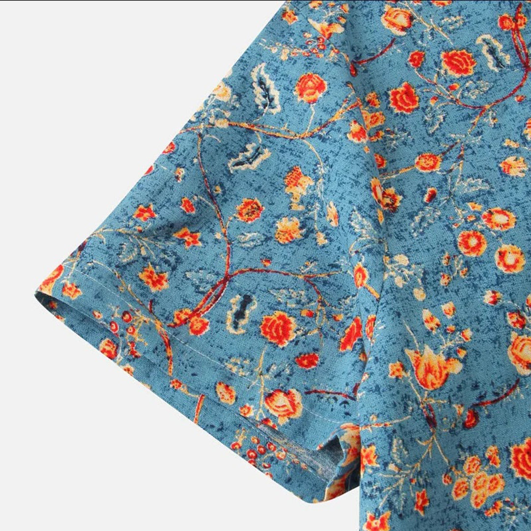 "Elegant blå unisex skjorte med moderne design og tropisk stil, perfekt for alle sesonger og enhver anledning."