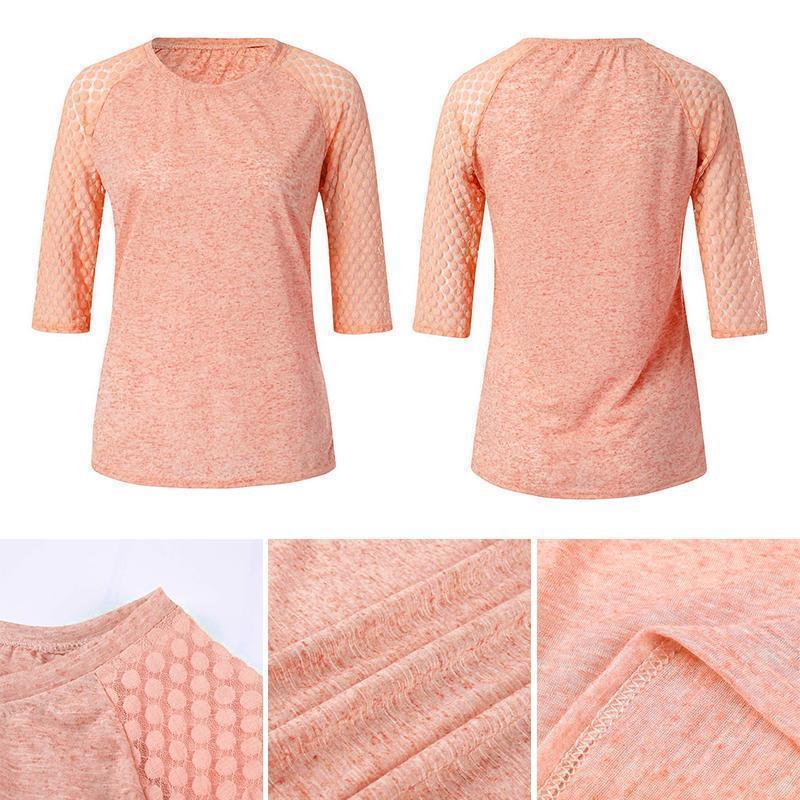Elegant blonder T-skjorte for kvinner, rund hals, pustende, delikate blondedetaljer, passer til uformell og smart casual stil