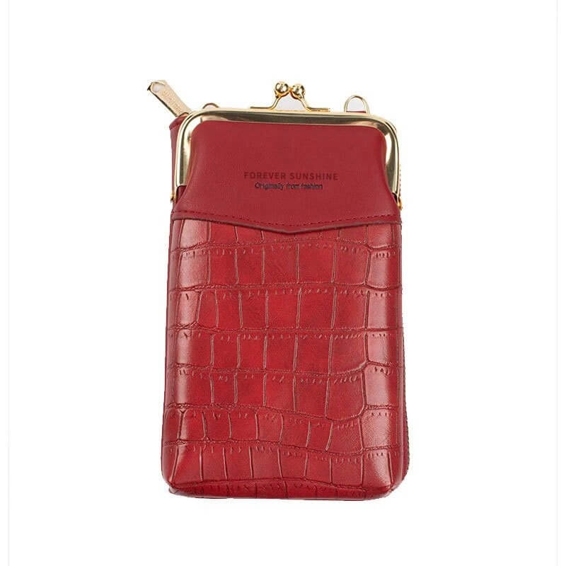 Elegant crossbody telefonveske i kunstskinn for kvinner, svart, med gullfarget glidelås og justerbar stropp.