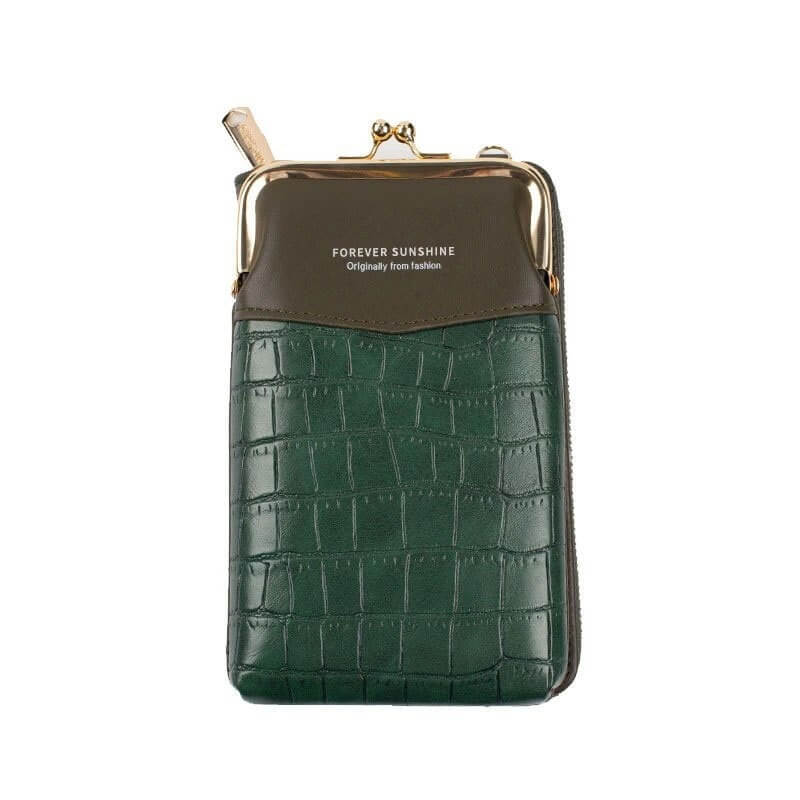 Skulderveske: klassisk brun crossbody telefonveske, i glatt kunstskinn, ideell for hverdagsbruk og mobil.