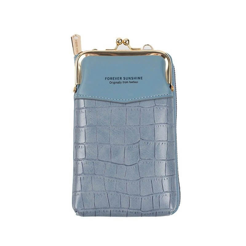 Mote crossbody: elegant telefonveske i marineblått kunstskinn, med sølvfarget glidelås, tilbehør dame.