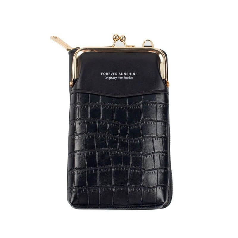 Tilbehør: liten svart crossbody telefonveske for kvinner, kunstskinn, med diskret logo og slank design.