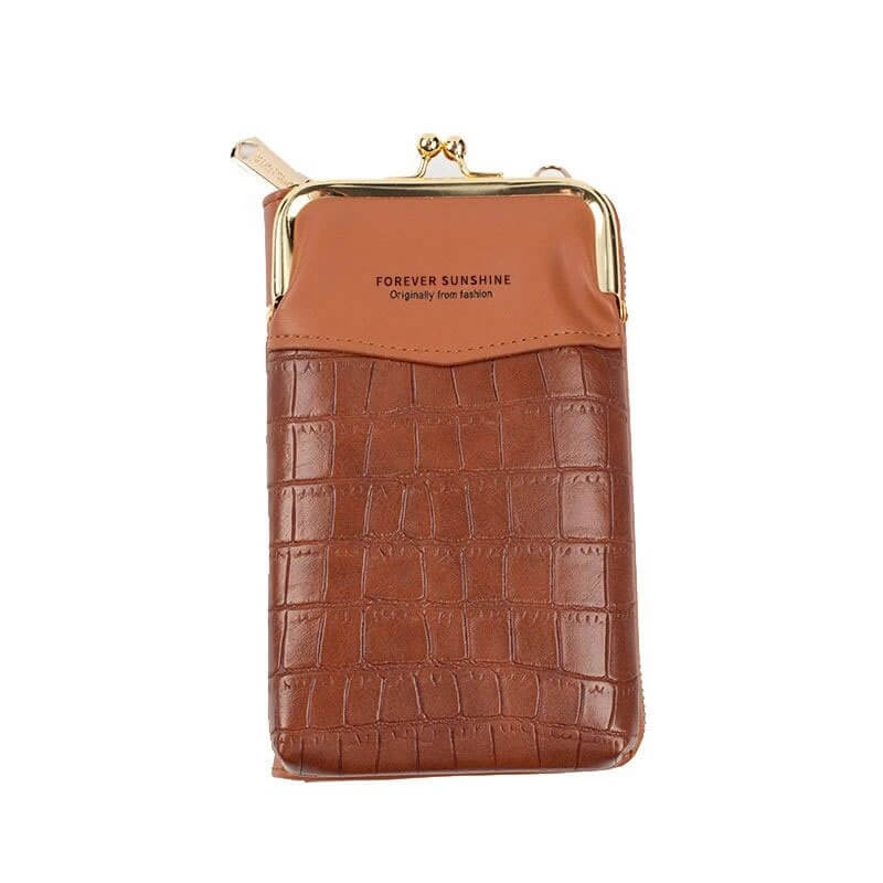 Dameveske: moderne crossbody telefonveske i grått kunstskinn med matt finish, og tynn reim.
