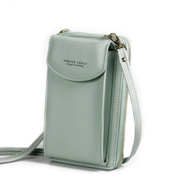 Skjematisk tegning av elegant crossbody veske, viser dimensjoner, PU-skinn, håndveske.