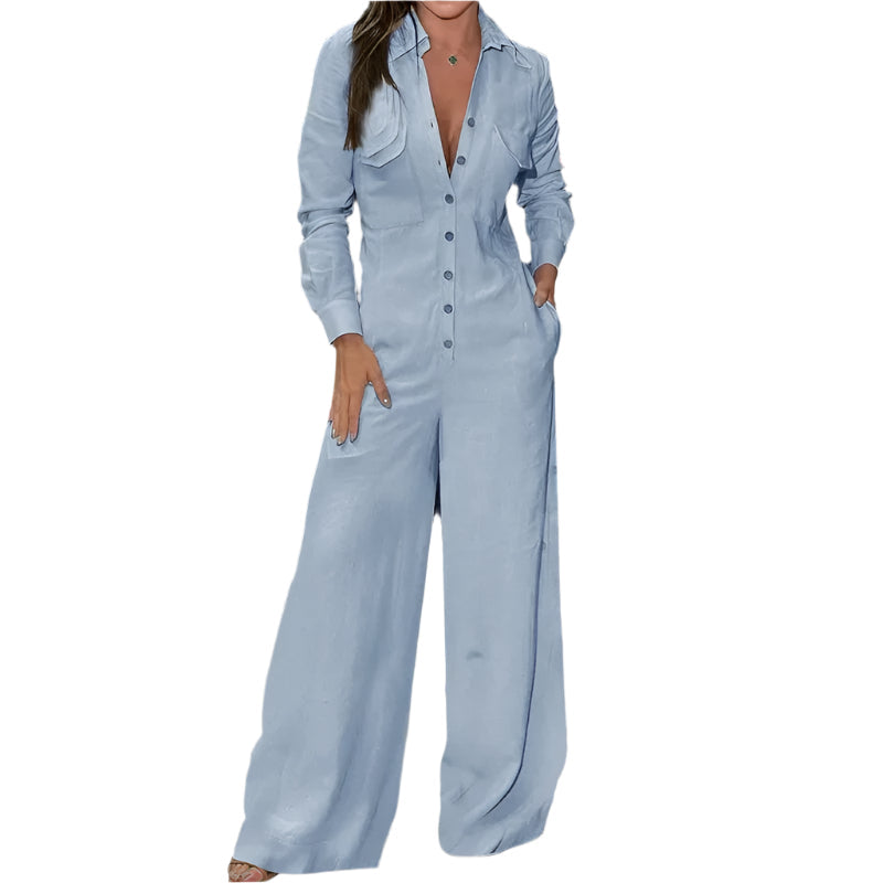 Elegant dame jumpsuit med langermet topp og krage, perfekt for fest og jobb.