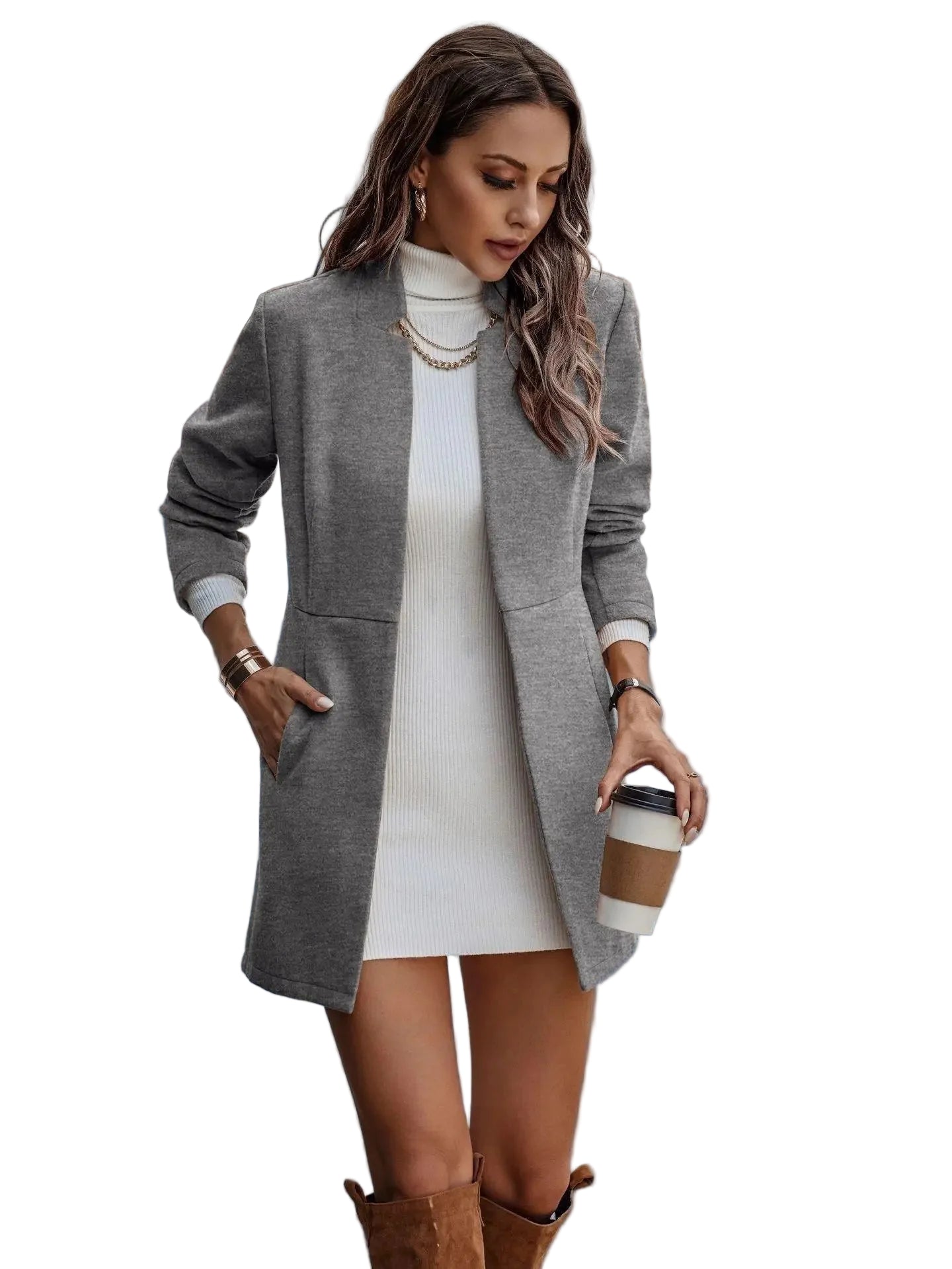 Elegant dame midi blazer med åpen front. Perfekt for kontor, hverdag og fest. Moderne stil i kvinneklær.