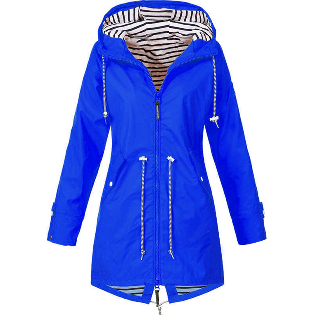 "Elegant dame regnfrakk i marineblå, justerbar hette, slitesterk polyester, allsidig design for formelle og uformelle anledni