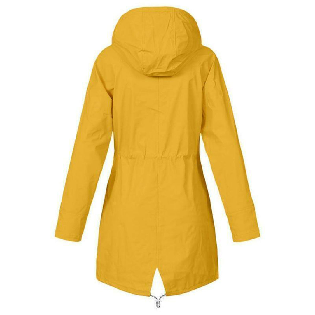 "Elegant dame regnfrakk i marineblå, justerbar hette, slitesterk polyester, allsidig design for formelle og uformelle anledni