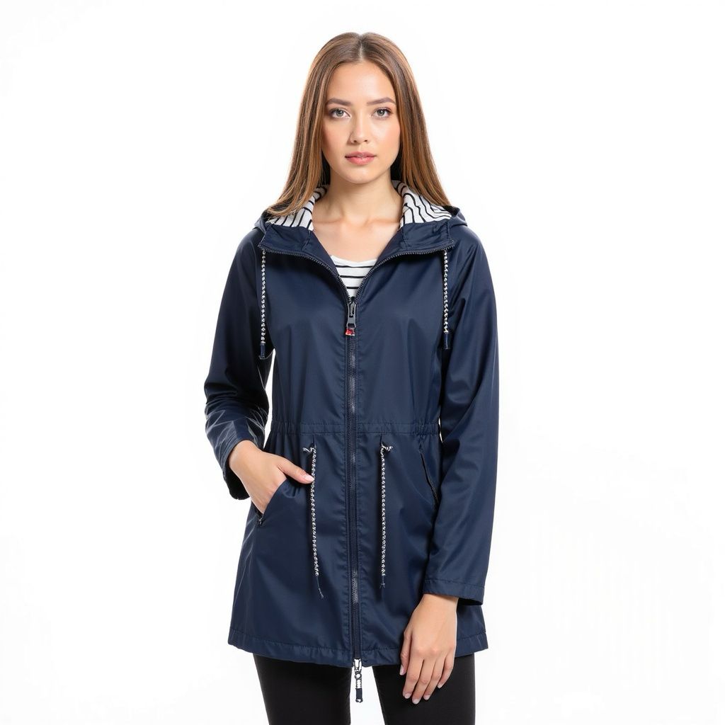 "Elegant dame regnfrakk i marineblå, justerbar hette, slitesterk polyester, allsidig design for formelle og uformelle anledni