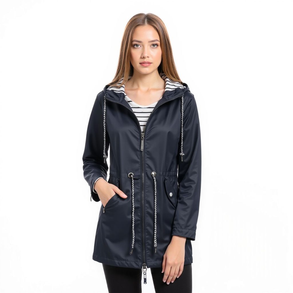 "Elegant dame regnfrakk i marineblå, justerbar hette, slitesterk polyester, allsidig design for formelle og uformelle anledni