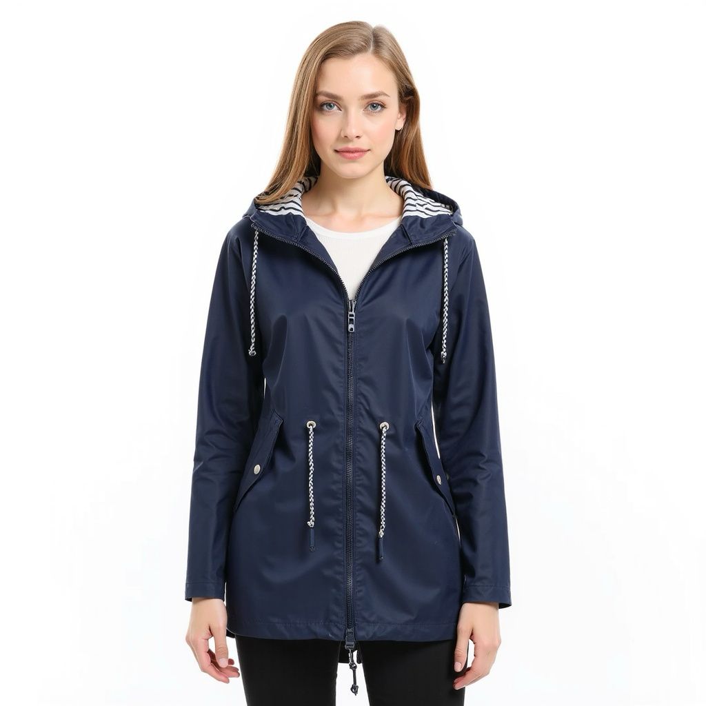 "Elegant dame regnfrakk i marineblå, justerbar hette, slitesterk polyester, allsidig design for formelle og uformelle anledni